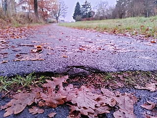 Solche Schlaglöcher halten Radfahrer auf dem Fahrradweg neben der L107 in Tornesch auf. Das Foto entstand im Licht der Morgensonne. (Foto: Frank)