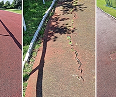 Die Tartanbahn des Sportplatzes Heederbrook weist viele Schäden auf. (Fotos: Marcel Holz, Stadt Barmstedt)