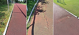 Die Tartanbahn des Sportplatzes Heederbrook weist viele Schäden auf. (Fotos: Marcel Holz, Stadt Barmstedt)