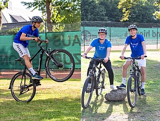 Niklas Theege (Foto links) zeigt Gleichgewichtsübungen mit dem Bike. Colja Raube (auf dem rechten Foto links) und Niklas Theege leiten den Kursus. (Fotos: EMTV)