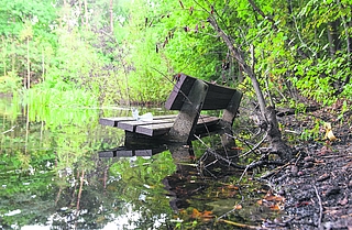 Auf diese Bank sollte sich niemand setzen: Erstens werden die Füße nass, zweitens könnte sie auf dem aufgeweichten Grund umkippen. (Foto: Frank)