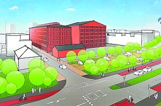 So wie auf dieser Darstellung könnte die Berliner Straße (vorn) mit grünem Band, freigestelltem Kranhaus und den großen Knechtschen Hallen dahinter aussehen. Doch auch ein Teil-Erhalt der Mantelhalle (hier nicht abgebildet) ist denkbar. (Quelle: Stadt Elmshorn)  