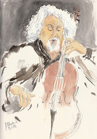 Jörgen Habedank skizzierte den Cellisten Mischa Maisky in der Elbphilharmonie. (Foto: Frank)