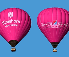 Die Hülle eines Heißluftballons soll mit der Stadtmarke „Elmshorn supernormal“ und dem Logo der Initiative Elmshorn bedruckt werden.  (Grafik: Kubíček Balloons/Initiative Elmshorn, Bearbeitung: Frank)