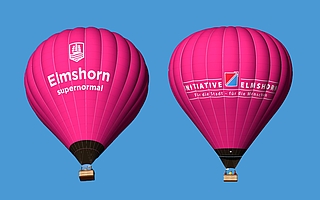 Die Hülle eines Heißluftballons soll mit der Stadtmarke „Elmshorn supernormal“ und dem Logo der Initiative Elmshorn bedruckt werden.  (Grafik: Kubíček Balloons/Initiative Elmshorn, Bearbeitung: Frank)