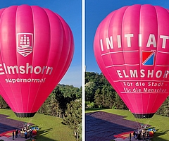 Auf der einen Seite des Heißtluftballons prangt die Stadtmarke "Elmshorn supernormal", auf der anderen Seite die Aufschrift "Initiative Elmshorn: Für die Stadt - für die Menschen". (Foto: Stadt Elmshorn)