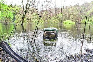 Ein Mülleimer steht zur Hälfte unter Wasser. (Foto: Frank)