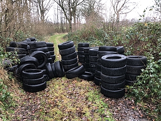 Rund 150 Altreifen lagen in Bilsen in einem Seitenweg des Hohenhorster Wegs. (Foto: Polizeidirektion Bad Segeberg)