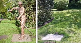 Vorher (links): Die neue Gärtnerin-Skulptur wurde am 26. April 2024 enthüllt. Nachher: Das Fundament der Statue ist leer. Am 2. Mai entdeckten Mitarbeiter des Bauhofs, dass Unbekannte die Statue umgeknickt hatten. (Fotos: Frank, Stadt Uetersen, Montage: Frank)