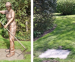 Vorher (links): Die neue Gärtnerin-Skulptur wurde am 26. April 2024 enthüllt. Nachher: Das Fundament der Statue ist leer. Am 2. Mai entdeckten Mitarbeiter des Bauhofs, dass Unbekannte die Statue umgeknickt hatten. (Fotos: Frank, Stadt Uetersen, Montage: Frank)