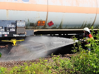 Die Elmshorner Wehr beim Löschen und Kühlen der heiß gelaufenen Bremse. Das Schild am Zug zeigt: Der Waggon könnte gefährliche Ladung enthalten. Foto: Strandmann