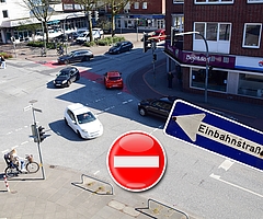 Die Schulstraße wird in Höhe der Commerzbank zur Einbahnstraße. (Fotos/Grafik: Frank, Pixabay)