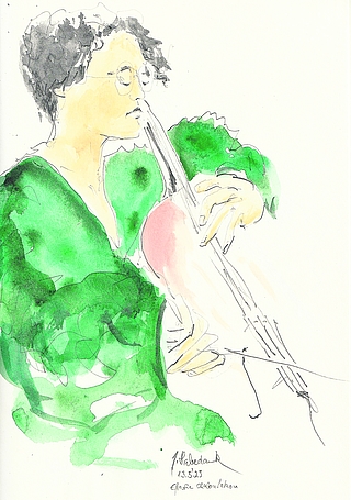 Bei einem Konzert in Leiden (Niederlande) skizzierte Jörgen Habedank die Cellistin Efrasia Chaloulakon. (Quelle: Habedank)