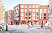 Diesen städtebaulichen Entwurf des Braunschweiger Architekturbüros Welp von Klitzing kürte die Jury zum Sieger. Das „Quartier am Buttermarkt“ soll gegenüber dem neuen Rathaus (rechts) entstehen. Dazwischen verläuft eine neue Straße. Geradeaus führt die Schauenburgerstraße zur Berliner Straße und dem neuen Bahnhof. Links ist eine Ecke der Markthalle zu sehen. Im Rücken des Betrachters liegt der Buttermarkt. (Grafik: Welp von Klitzing)
