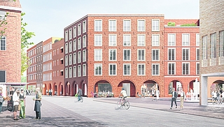 Diesen städtebaulichen Entwurf des Braunschweiger Architekturbüros Welp von Klitzing kürte die Jury zum Sieger. Das „Quartier am Buttermarkt“ soll gegenüber dem neuen Rathaus (rechts) entstehen. Dazwischen verläuft eine neue Straße. Geradeaus führt die Schauenburgerstraße zur Berliner Straße und dem neuen Bahnhof. Links ist eine Ecke der Markthalle zu sehen. Im Rücken des Betrachters liegt der Buttermarkt. (Grafik: Welp von Klitzing)