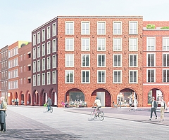 Diesen städtebaulichen Entwurf des Braunschweiger Architekturbüros Welp von Klitzing kürte die Jury zum Sieger. Das „Quartier am Buttermarkt“ soll gegenüber dem neuen Rathaus (rechts) entstehen. Dazwischen verläuft eine neue Straße. Geradeaus führt die Schauenburgerstraße zur Berliner Straße und dem neuen Bahnhof. Links ist eine Ecke der Markthalle zu sehen. Im Rücken des Betrachters liegt der Buttermarkt. (Grafik: Welp von Klitzing)