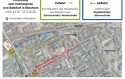 Die Karte zeigt, wie Holstenplatz und Parkplätze am Bahnhof auch während der Bauphase zu erreichen sind.  (Quelle: Stadtmarketing Elmshorn)