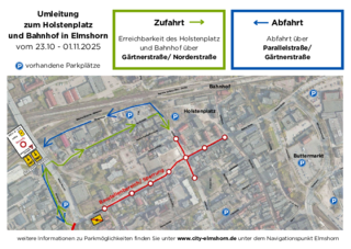 Die Karte zeigt, wie Holstenplatz und Parkplätze am Bahnhof auch während der Bauphase zu erreichen sind.  (Quelle: Stadtmarketing Elmshorn)
