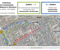 Die Karte zeigt, wie Holstenplatz und Parkplätze am Bahnhof auch während der Bauphase zu erreichen sind.  (Quelle: Stadtmarketing Elmshorn)