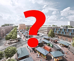 So stellen sich die Planer den künftigen Buttermarkt vor. Rechts sind das Haus der Technik und das neue Rathaus zu sehen. Dies alles steht unter Vorbehalt, wenn das Land die Förderung einstellen sollte. (Quelle: Fabian Gavrilescu – gammagraph / Stadt Elmshorn, Bearbeitung: Frank)