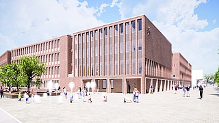 Das neue Rathaus soll mit seinen Arkaden ein einladendes Gebäude werden, das die Bürger gern aufsuchen. (Visualisierung: Winking Froh Architekten GmbH)