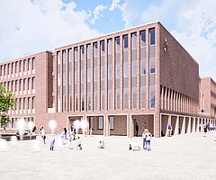 Das neue Rathaus soll mit seinen Arkaden ein einladendes Gebäude werden, das die Bürger gern aufsuchen. (Visualisierung: Winking Froh Architekten GmbH)